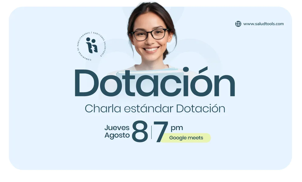 Smiling woman with glasses holding books above text announcing a Dotación standard talk on Thursday, August 8 at 7 pm via Google Meets.