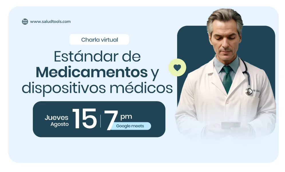 Virtual talk announcement on standards for medications and medical devices, scheduled for Thursday, August 15 at 7 PM on Google Meets, featuring a male doctor with a stethoscope looking at a phone.