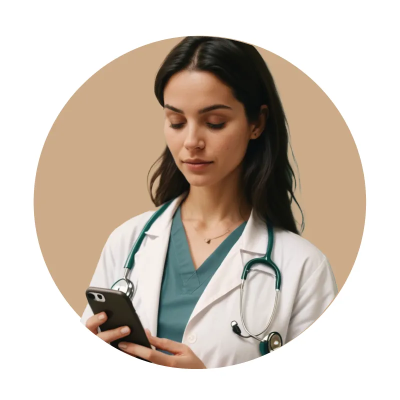 Female doctor wearing a white coat and stethoscope looking at her smartphone against a beige circular background.