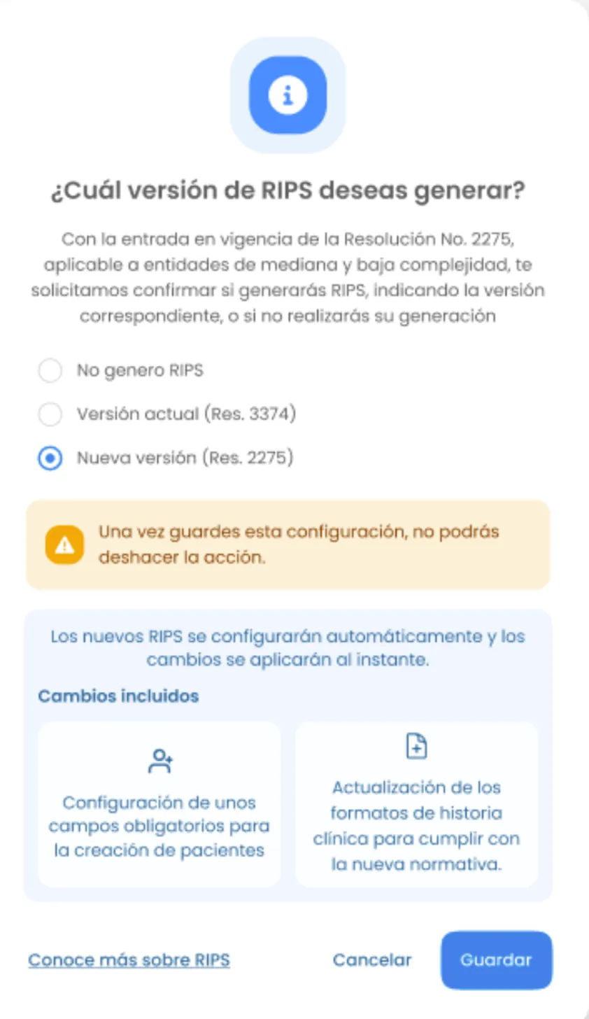 Screen showing options to select the RIPS version to generate with explanation, warnings, and included changes for patient data configuration and clinical history format updates.