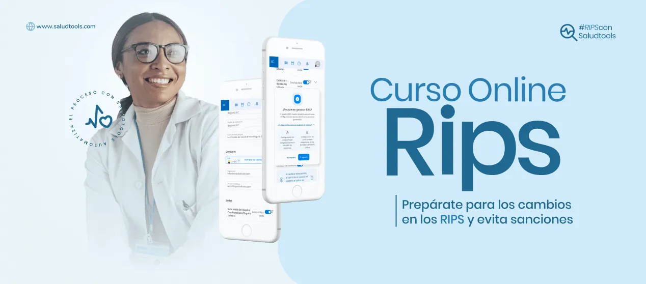 Smiling female medical professional wearing glasses and white coat next to floating smartphones displaying a medical app interface, with text promoting an online RIPS course in Spanish.