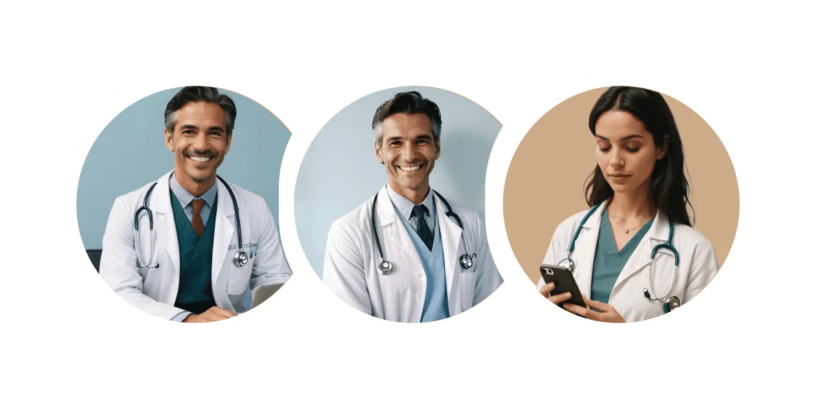 Three circular images of medical professionals wearing white coats and stethoscopes, with the first two men smiling and the woman looking at a phone.