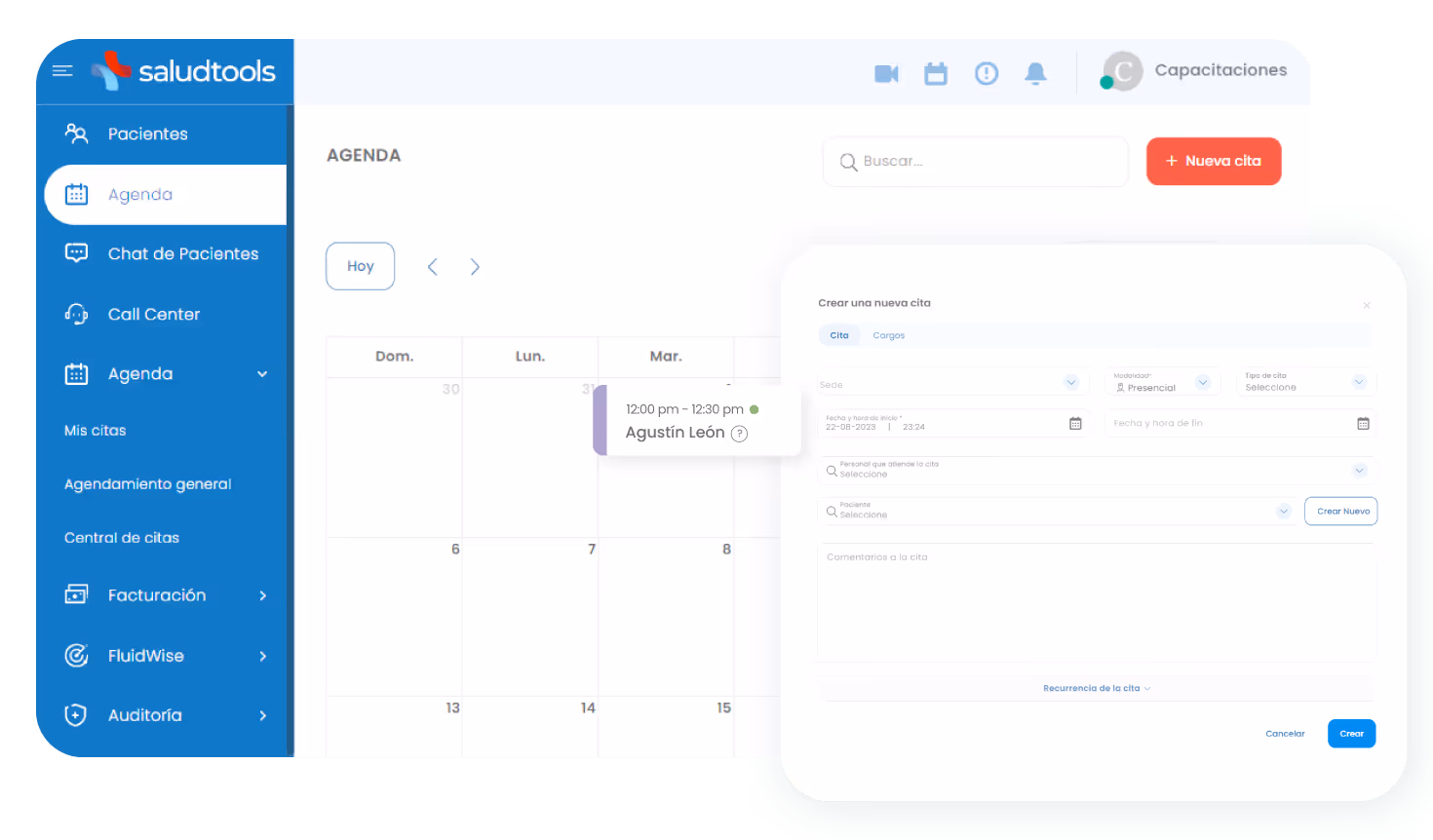 User interface of Saludtools appointment scheduling with calendar, patient list, and new appointment form.