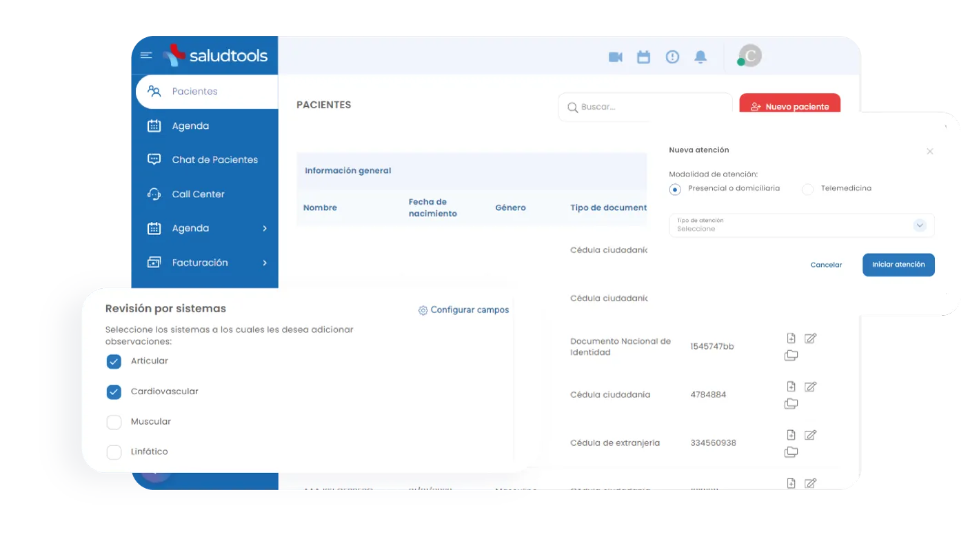 User interface of Saludtools showing patient management with options for new patient, appointment type selection, and system review checklist for observations including articular and cardiovascular.