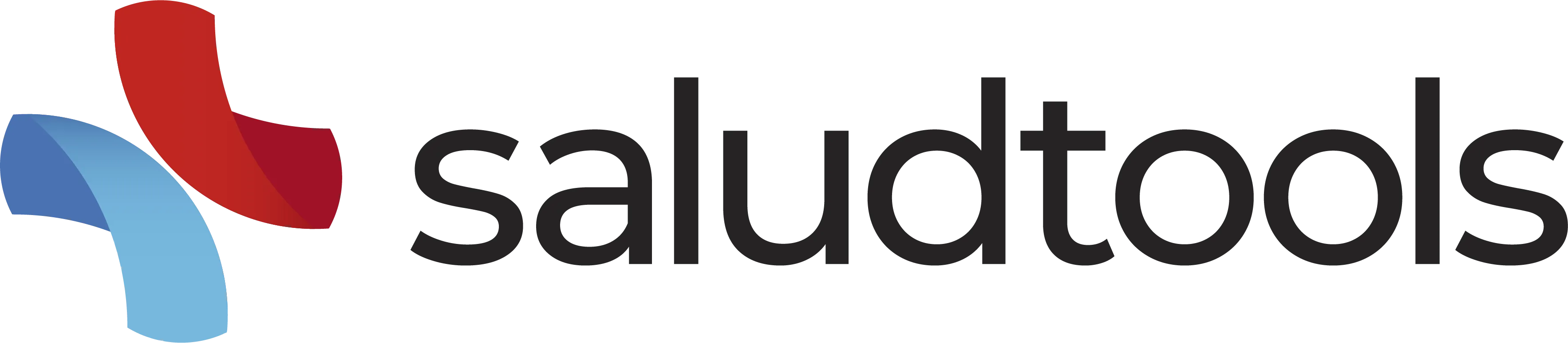 Saludtools logo with intertwined red and blue curved shapes to the left of the word 'saludtools' in lowercase black text.