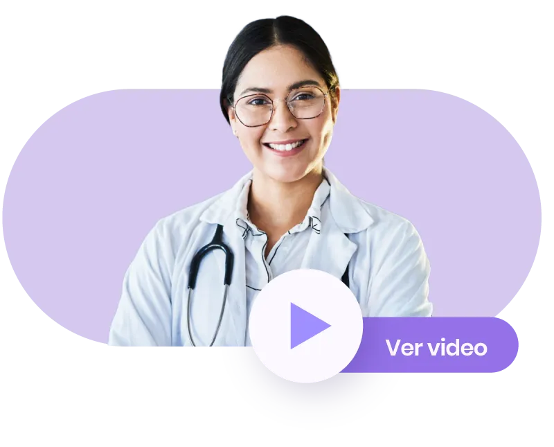 Smiling female doctor with glasses and stethoscope wearing a white coat with a purple background and a play button labeled 'Ver video'.