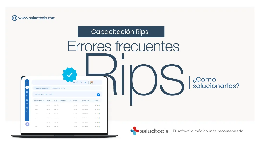 Promotional image for Saludtools medical software focused on 'Capacitación Rips,' highlighting common Rips errors and solutions with a laptop displaying the software interface.