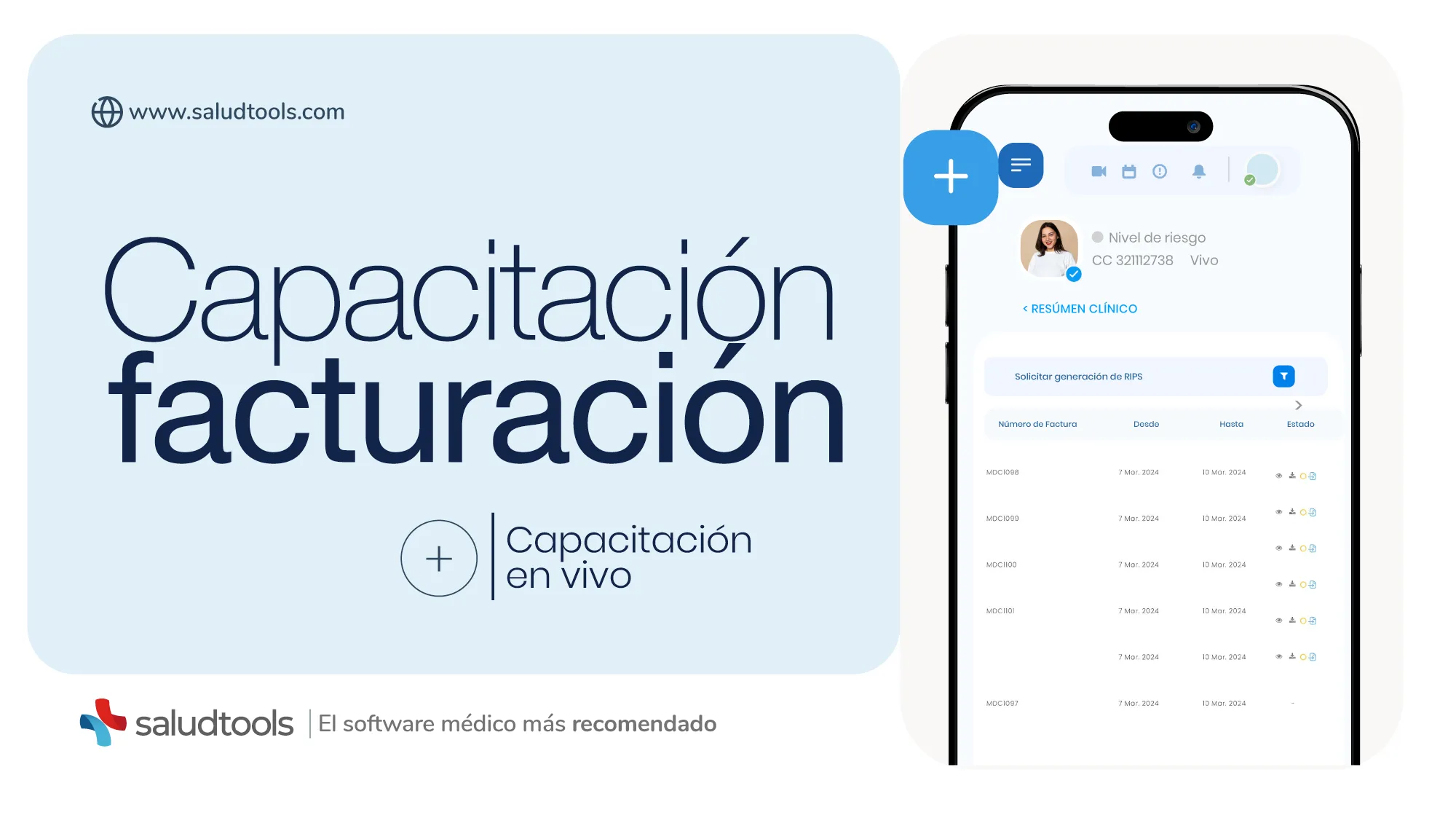 Promotional image for Saludtools medical software featuring 'Capacitación facturación' training with a smartphone displaying clinical summary and invoice details.