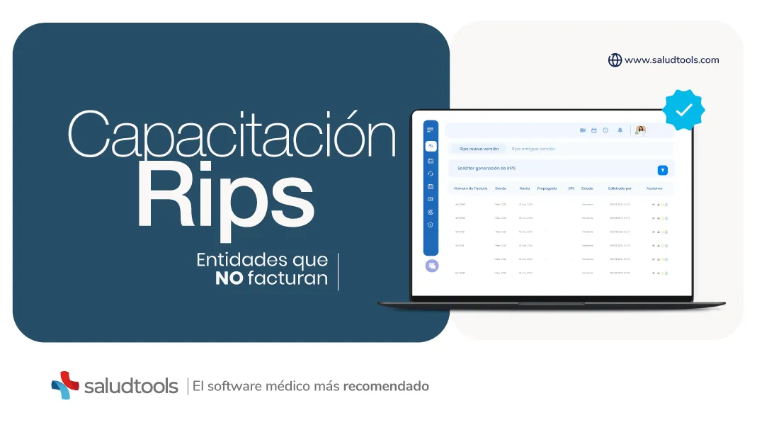 Saludtools training banner showing a laptop with software interface and text Capacitación Rips Entidades que NO facturan.