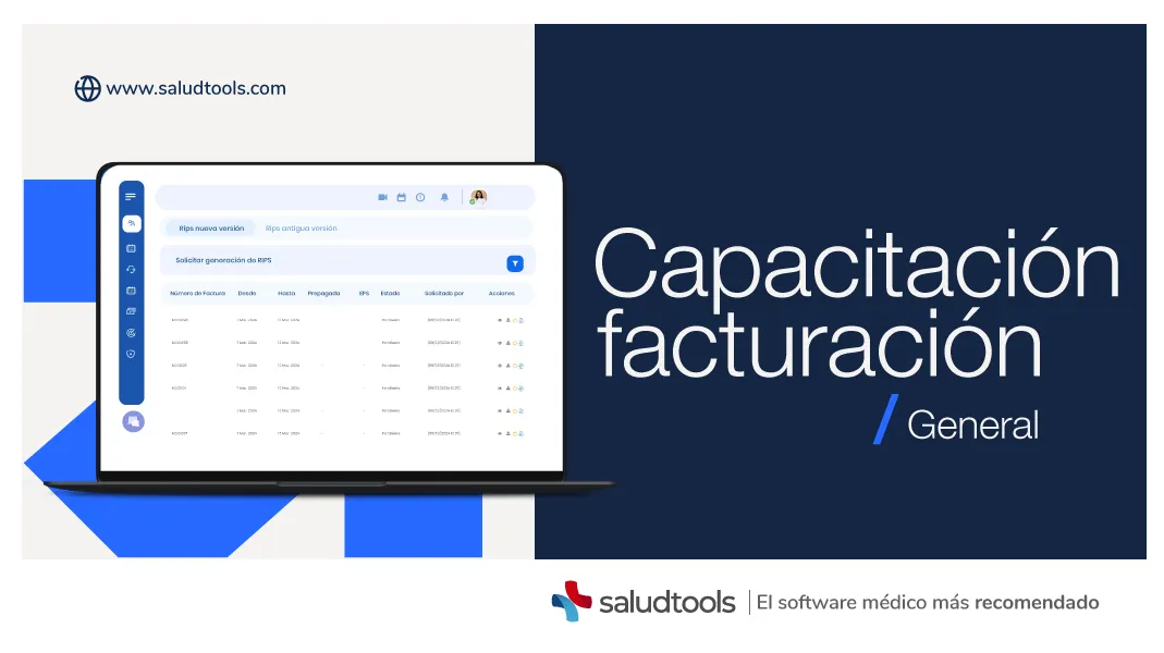Laptop screen showing a billing training dashboard with columns for invoice number, dates, insurance, status, requester, and actions, alongside text 'Capacitación facturación / General' and Saludtools logo.