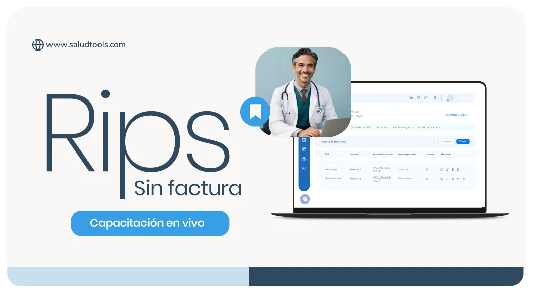 Online training banner showing a smiling male doctor above a laptop screen with a medical software interface, titled 'Rips Sin factura' and a blue button labeled 'Capacitación en vivo'.