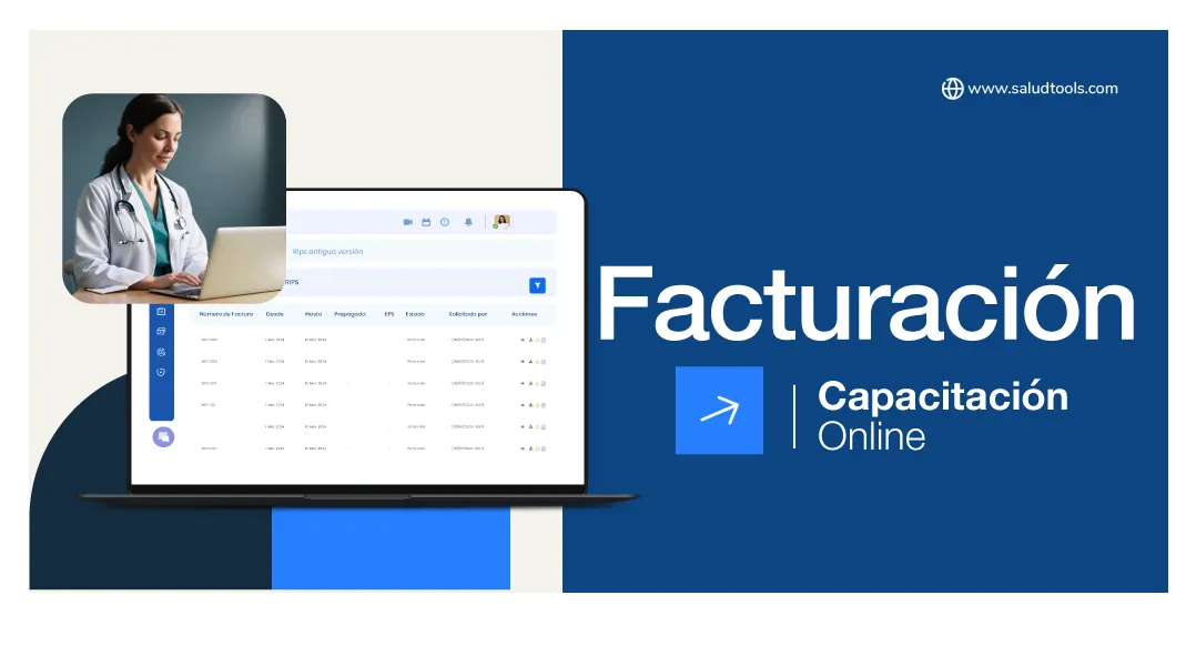 Online training advertisement for billing with a laptop screen showing data and a female doctor typing on a laptop.