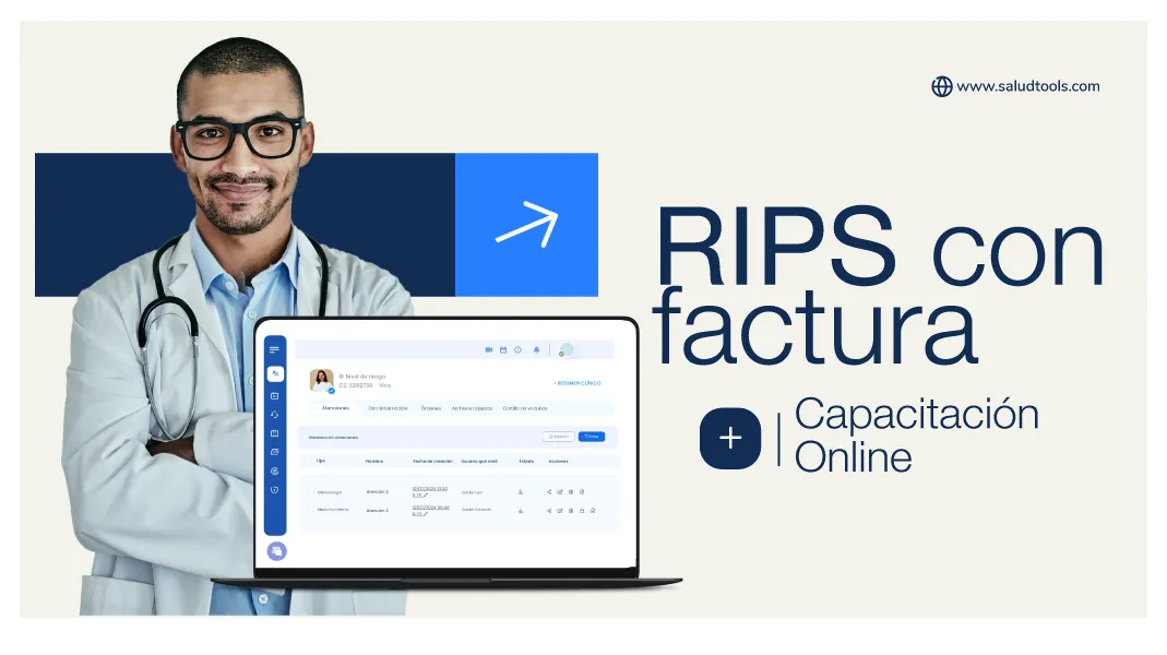 Smiling male doctor with glasses and stethoscope standing with arms crossed next to a laptop showing an online healthcare management interface, with text 'RIPS con factura' and 'Capacitación Online'.