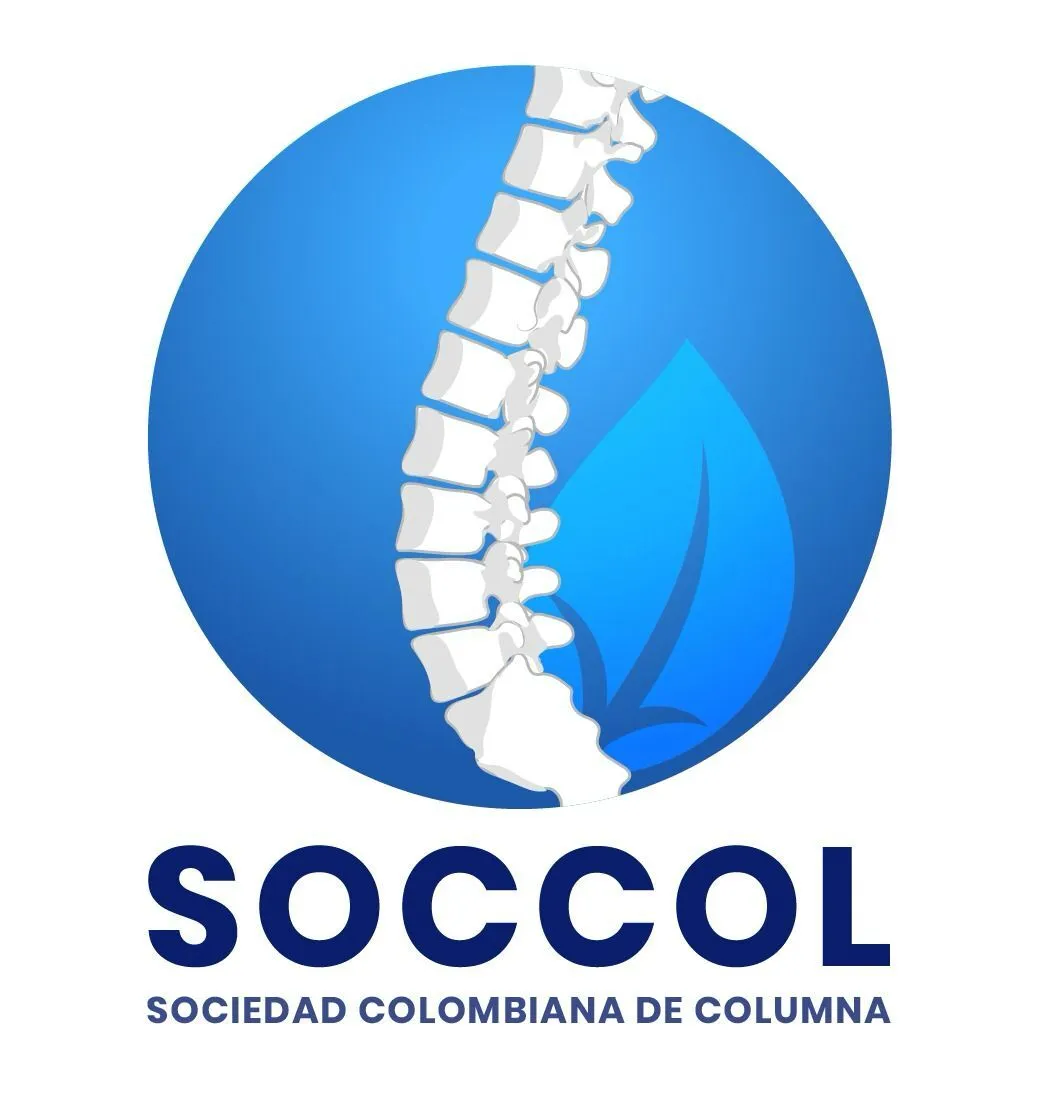 Logo featuring a stylized white spine over a blue circle with a leaf silhouette, with text 'SOCCOL Sociedad Colombiana de Columna' below.