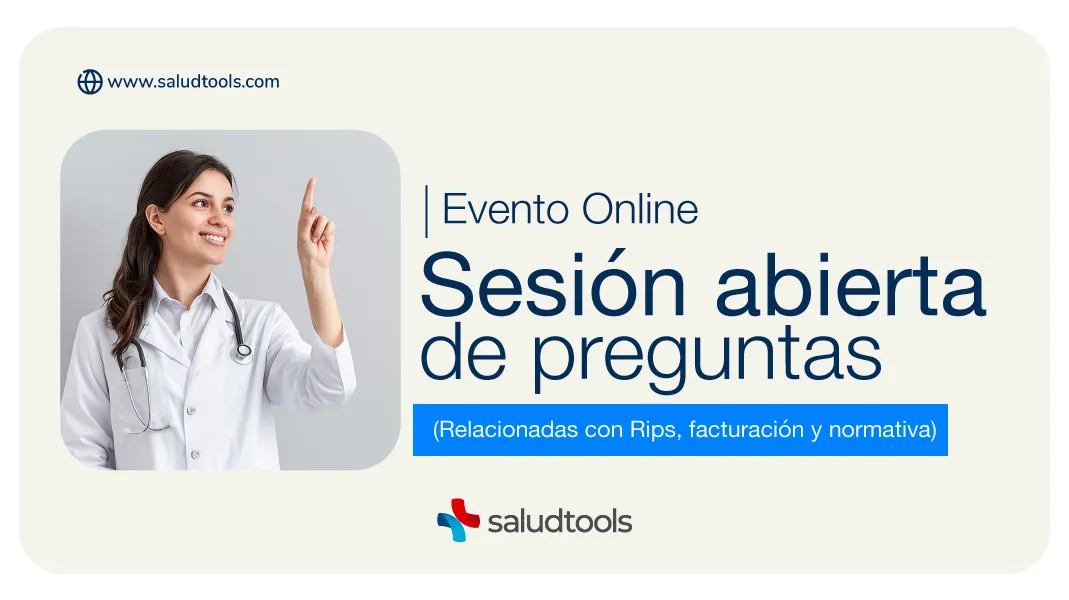 Smiling female doctor with a stethoscope pointing upward next to text announcing an online open Q&A session related to Rips, billing, and regulations.