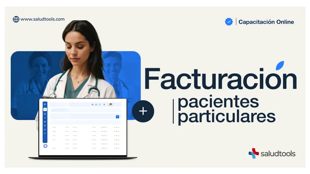 Female doctor with stethoscope standing behind a laptop displaying billing software, with text about online billing training for private patients.