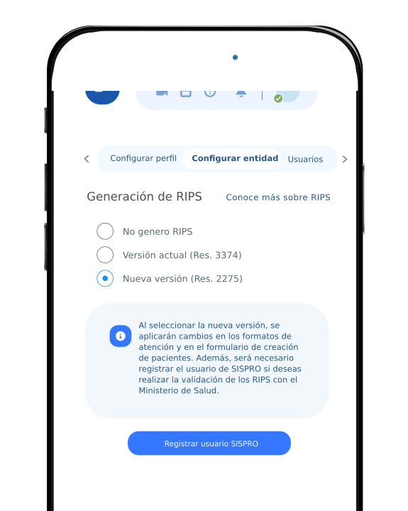 Mobile screen showing RIPS generation options with radio buttons for no generation, current version, and new version, plus an information box and a blue button labeled 'Registrar usuario SISPRO'.