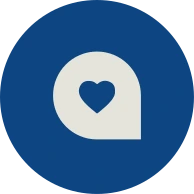 White location pin icon with a heart shape cutout in the center on a blue circular background.