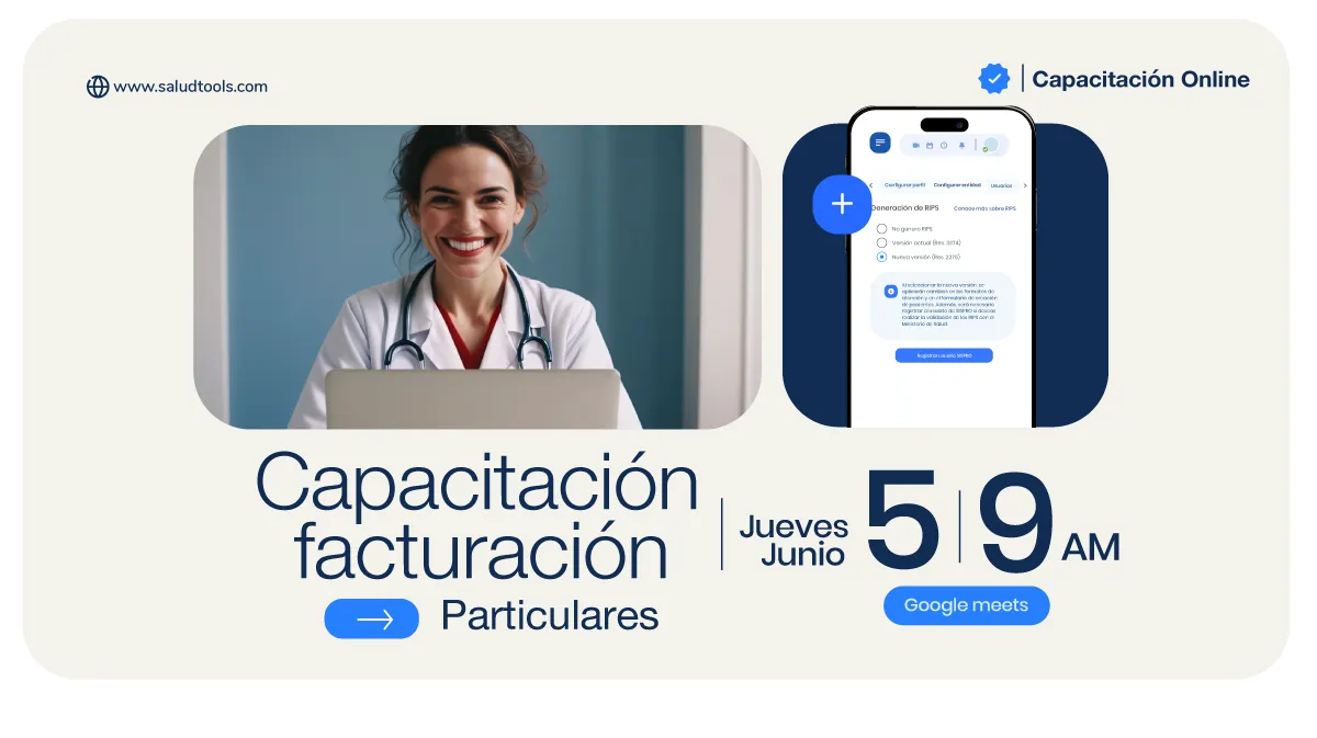 Online billing training for individuals scheduled for Thursday, June 5 at 9 AM via Google Meets, featuring a smiling female doctor with a laptop and a smartphone displaying an app interface.