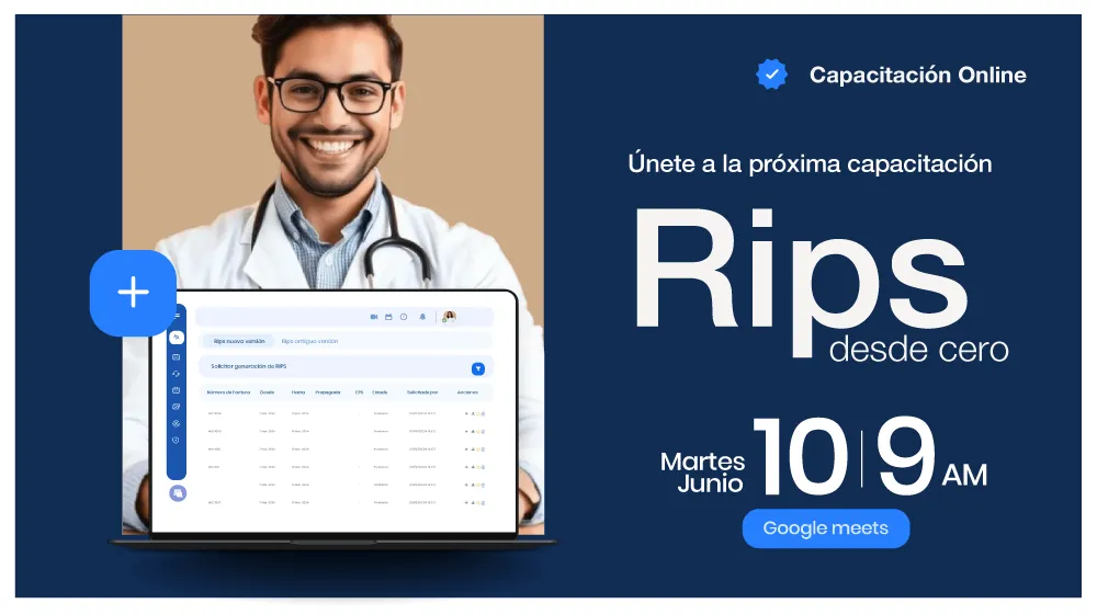 Smiling male doctor holding a laptop displaying RIPS software, with text announcing an online training session on RIPS from zero, scheduled for Tuesday, June 10, 9 AM on Google Meets.