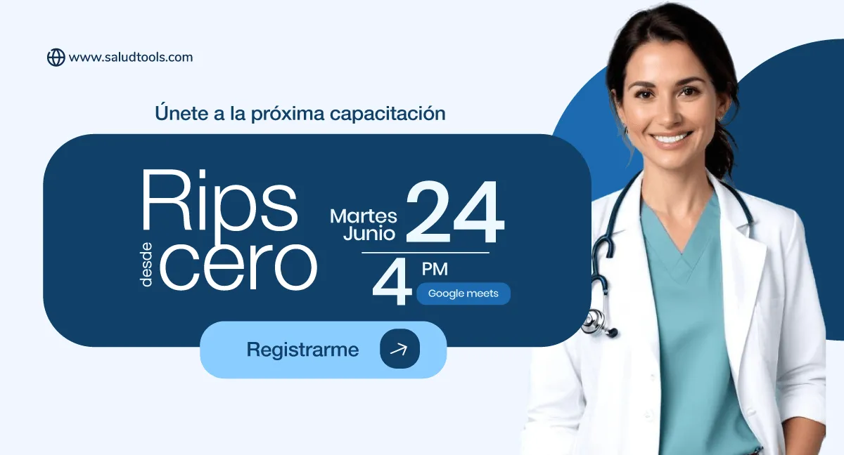 Smiling female doctor in white coat and scrubs next to text about a training session on Rips from zero, June 24 at 4 PM via Google Meets with a registration button.