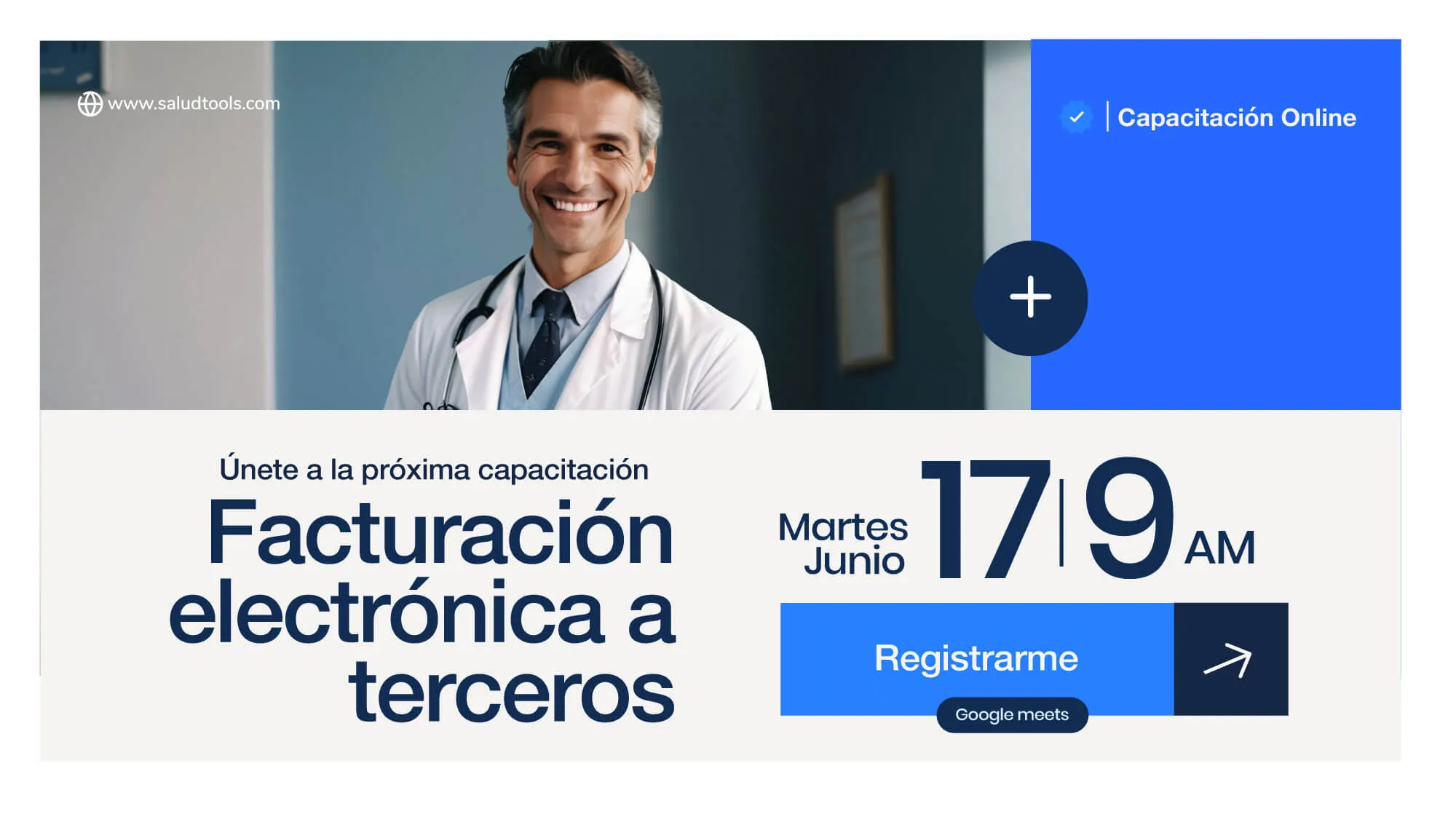 Smiling male doctor in white coat with stethoscope promoting an online training on electronic invoicing to third parties, scheduled for Tuesday, June 17 at 9 AM with a registration button for Google Meets.