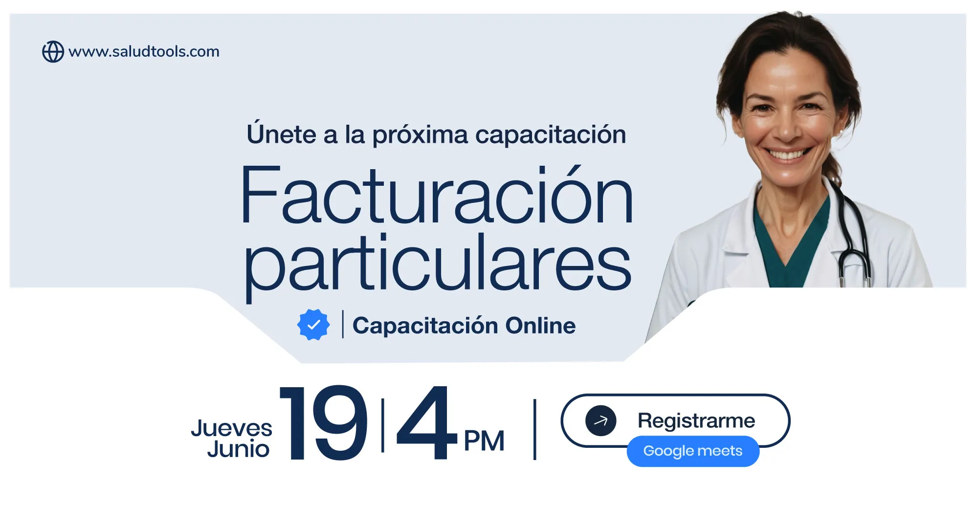 Invitation to an online training on private billing with a smiling female doctor and details to register for the event on Thursday, June 19 at 4 PM via Google Meets.