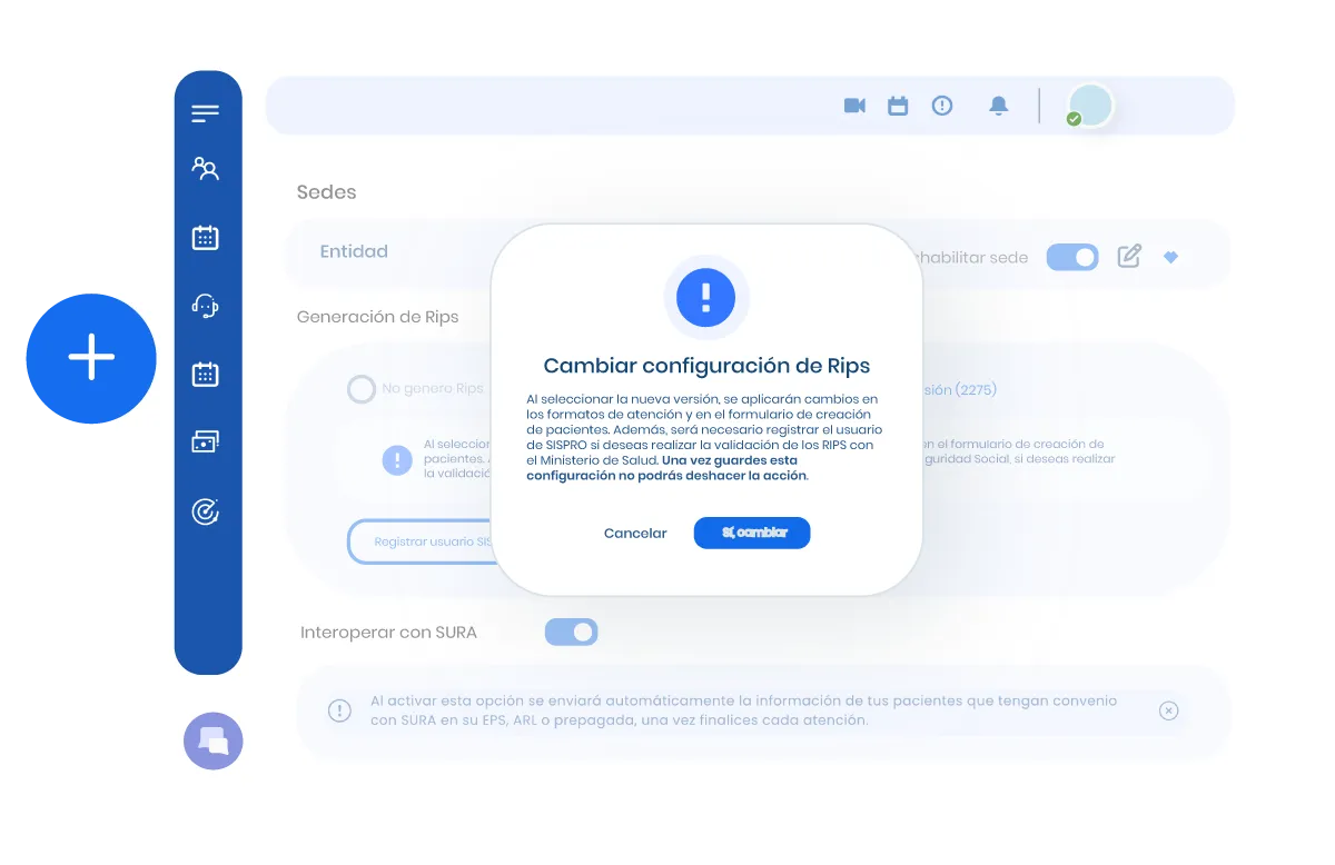 Popup modal in a medical software interface asking to confirm changing Rips configuration with options to cancel or confirm the change.