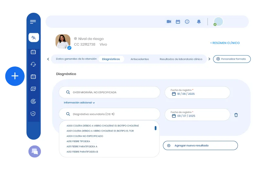 Medical software interface showing a patient's diagnosis section with dropdowns for primary and secondary diagnoses, registration dates, and options to add new results.