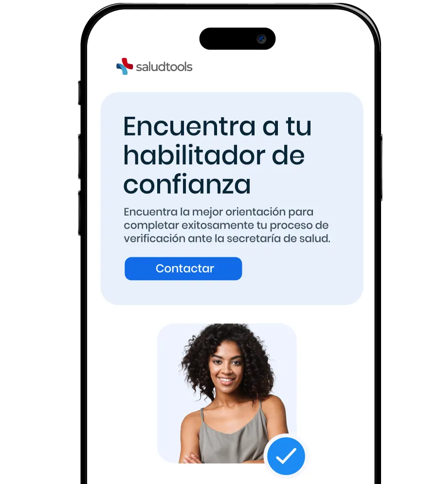 Mobile screen showing Saludtools app with a message to find a trusted health enabler, a contact button, and a smiling woman with a verification checkmark.