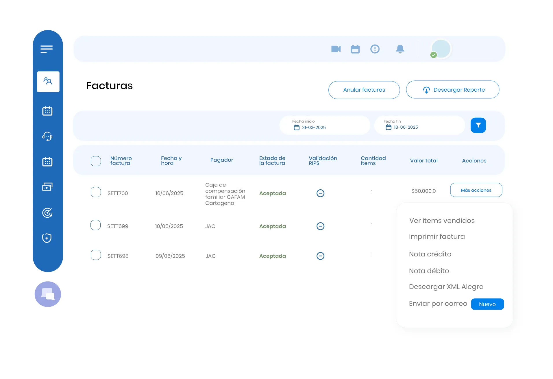 Invoice management interface showing three accepted invoices with details and an expanded actions menu.