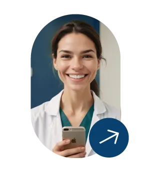 Smiling female healthcare professional holding a smartphone, with an arrow icon overlay.