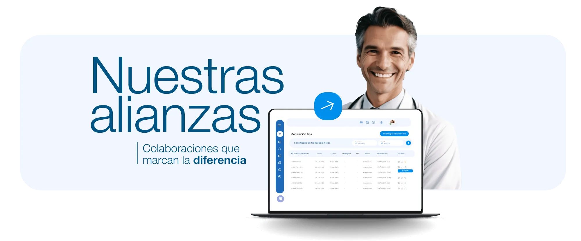 Smiling male doctor in a white coat behind a laptop displaying a medical software interface with text 'Nuestras alianzas | Colaboraciones que marcan la diferencia'.