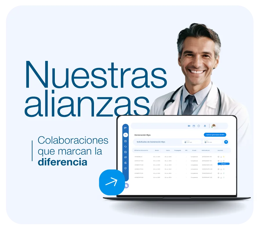 Smiling male doctor in white coat with stethoscope standing behind a laptop displaying a medical software interface, with Spanish text about partnerships.