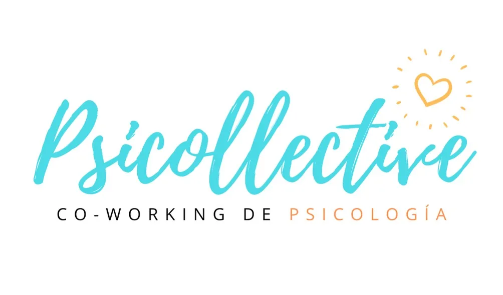 Psicollective logo with blue cursive text and an orange heart with rays, and the tagline 'Co-working de Psicología'.
