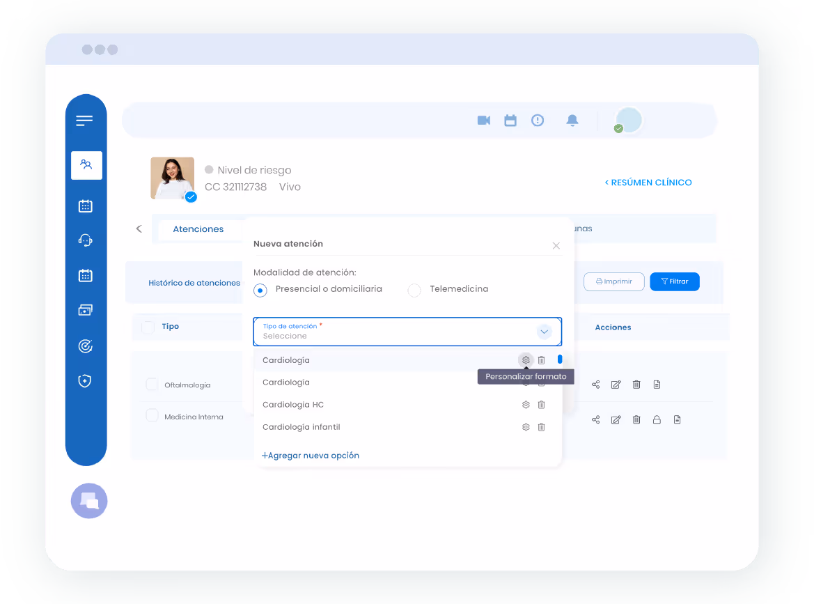 Medical software interface showing patient profile and a dropdown menu for selecting cardiology-related care options with mode of attention choices.