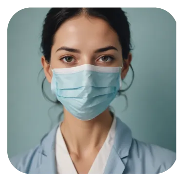 Close-up of a woman with dark hair wearing a blue surgical mask and light blue medical scrubs against a blurred grayish background.