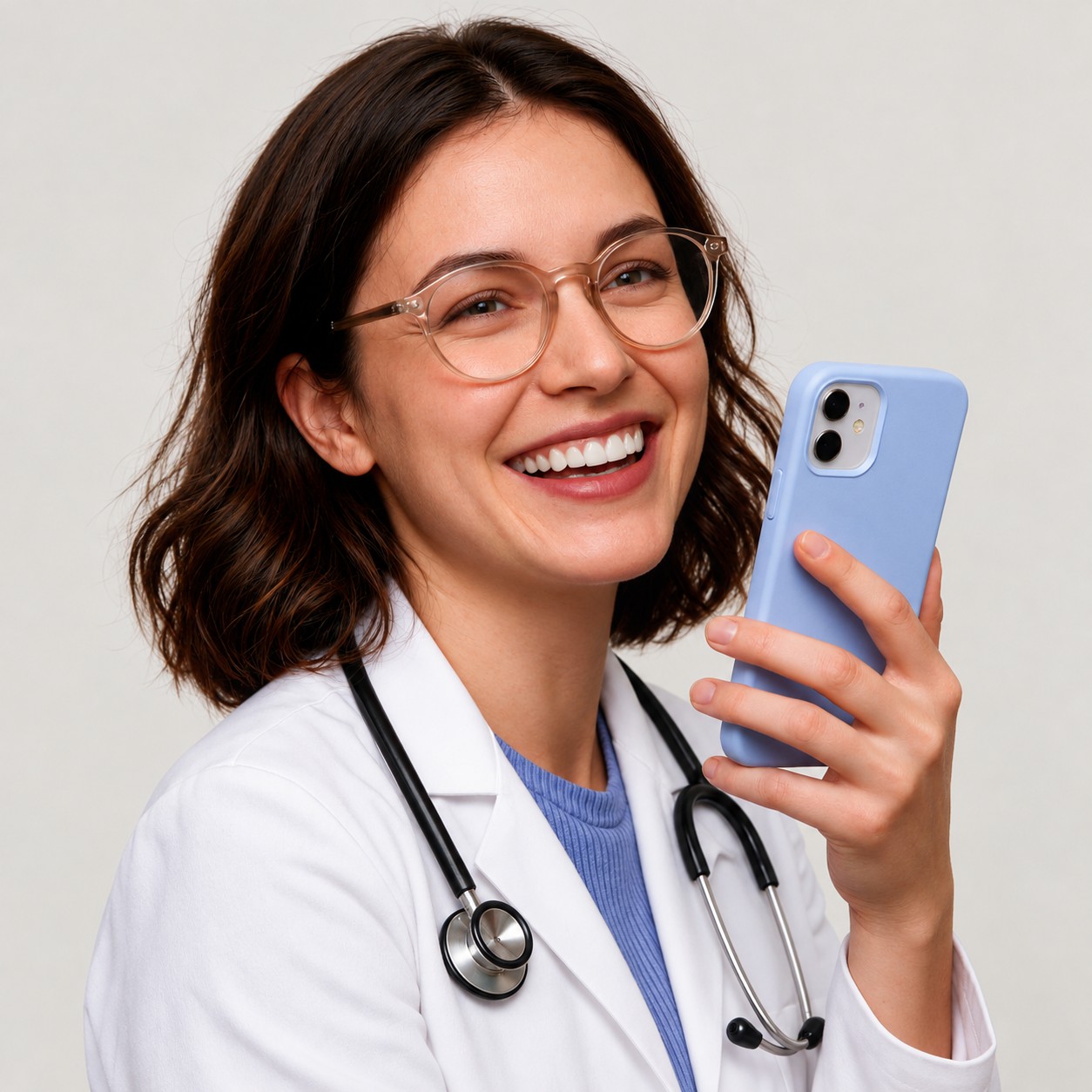 Médica sonriente con gafas mirando su celular