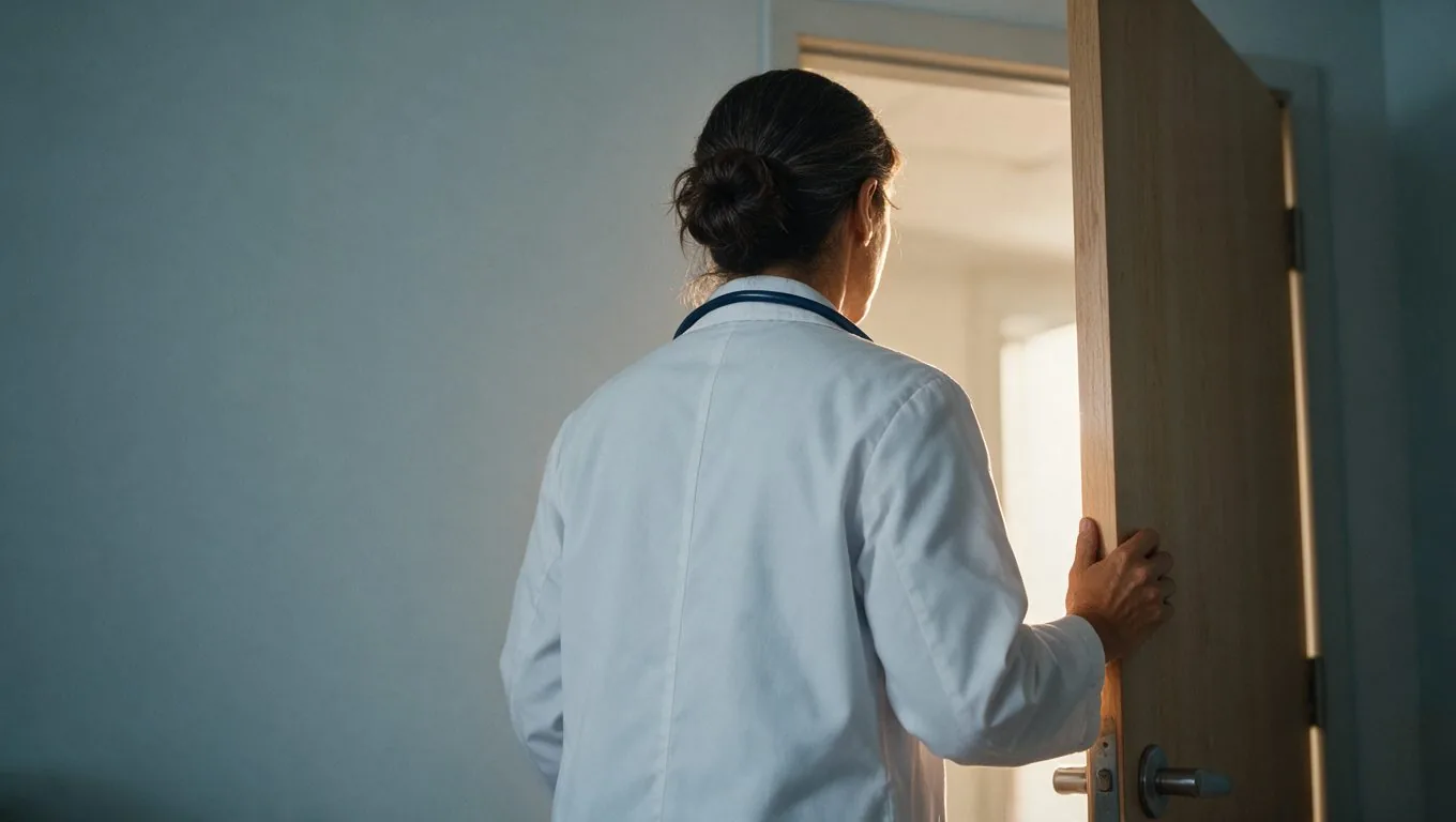 Médica saliendo del consultorio al final del día