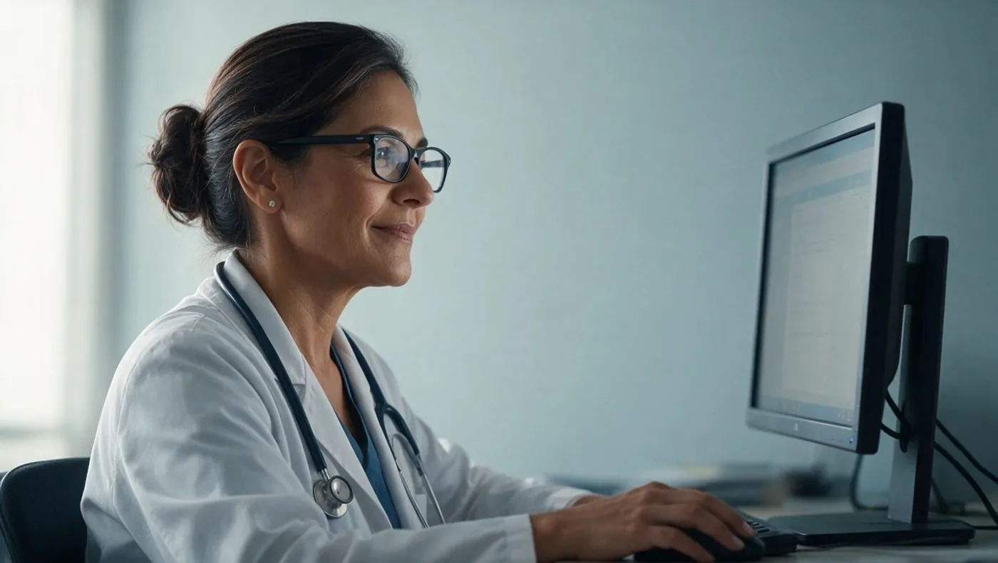 Médica revisando la historia en su computador