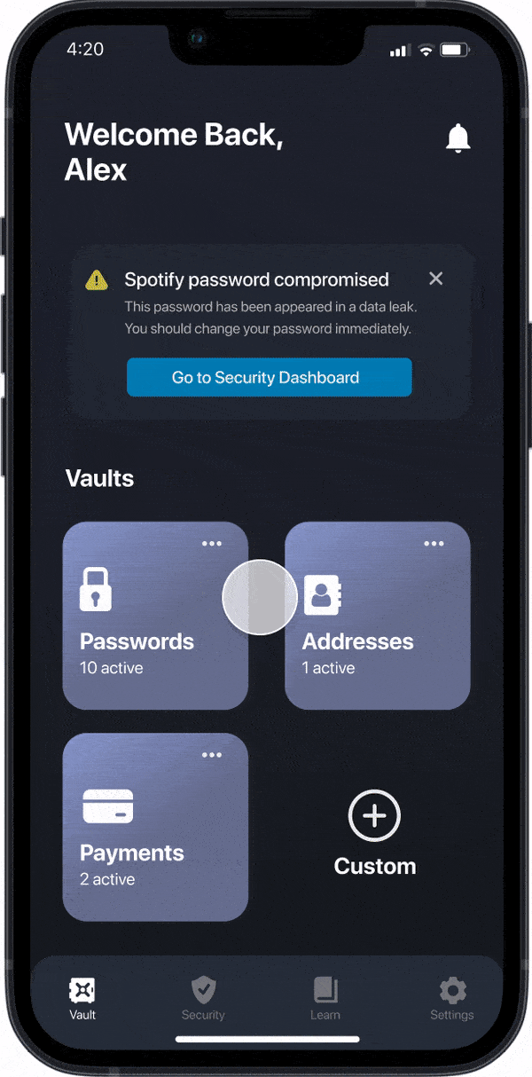 gif of security dashboard on securepass app