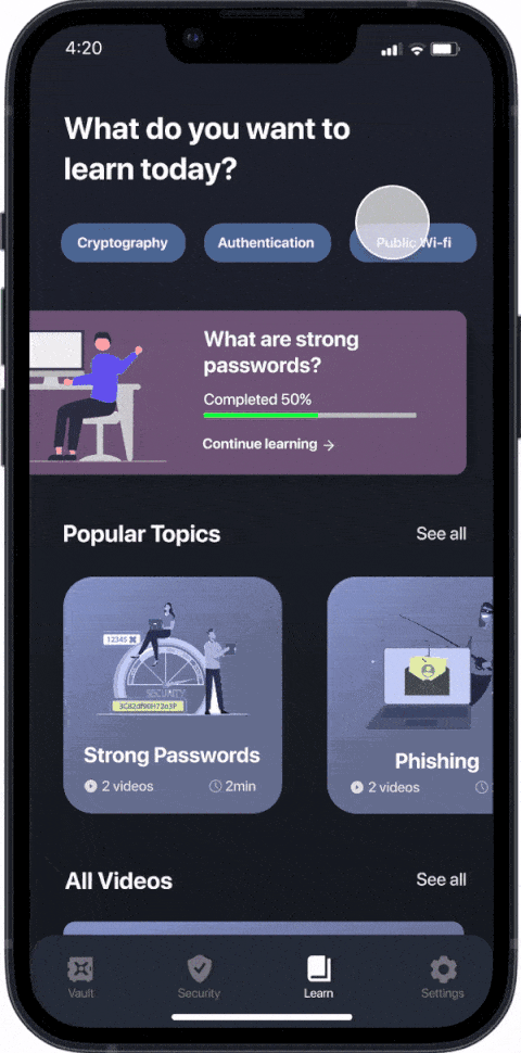gif of learning page on securepass mobile app
