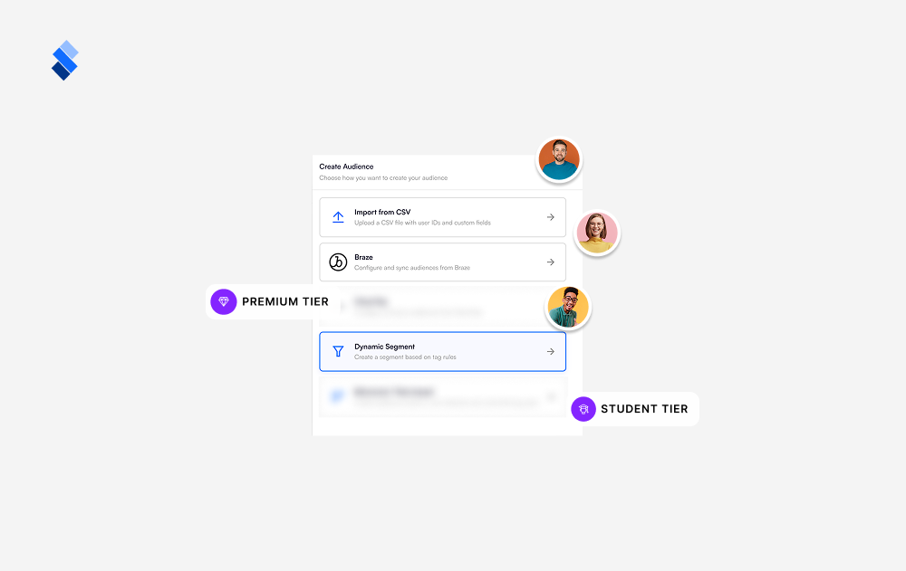 Audience segmentation UI showing Dynamic Segments with premium and student tier labels.