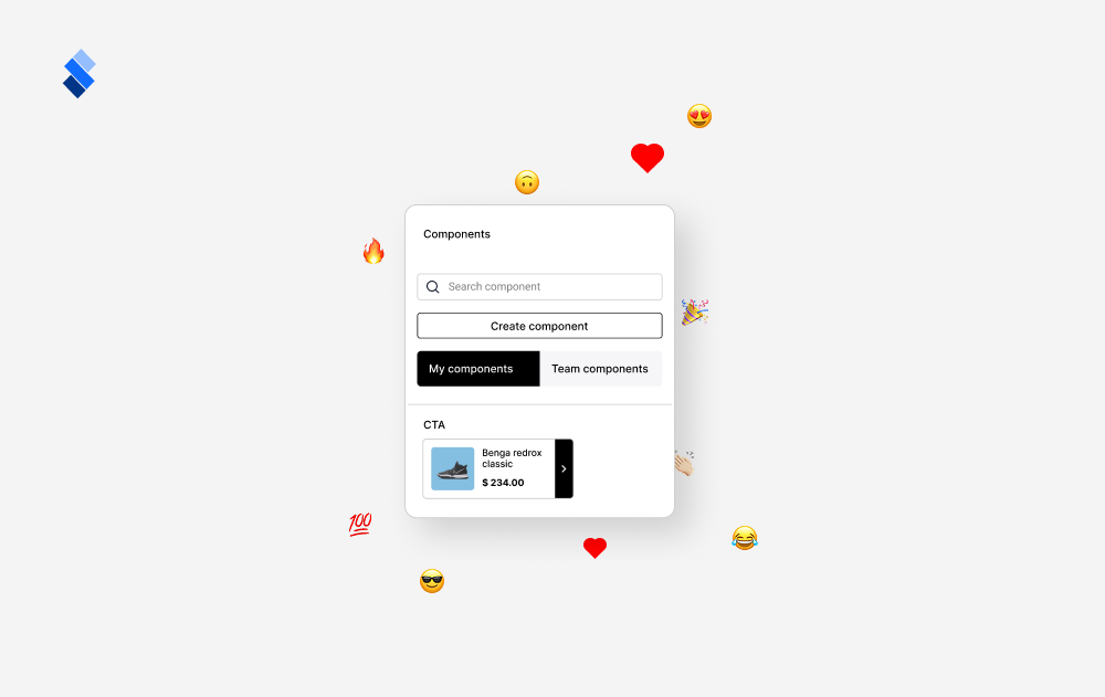 Components library UI with reusable CTA elements and reaction emojis around it.