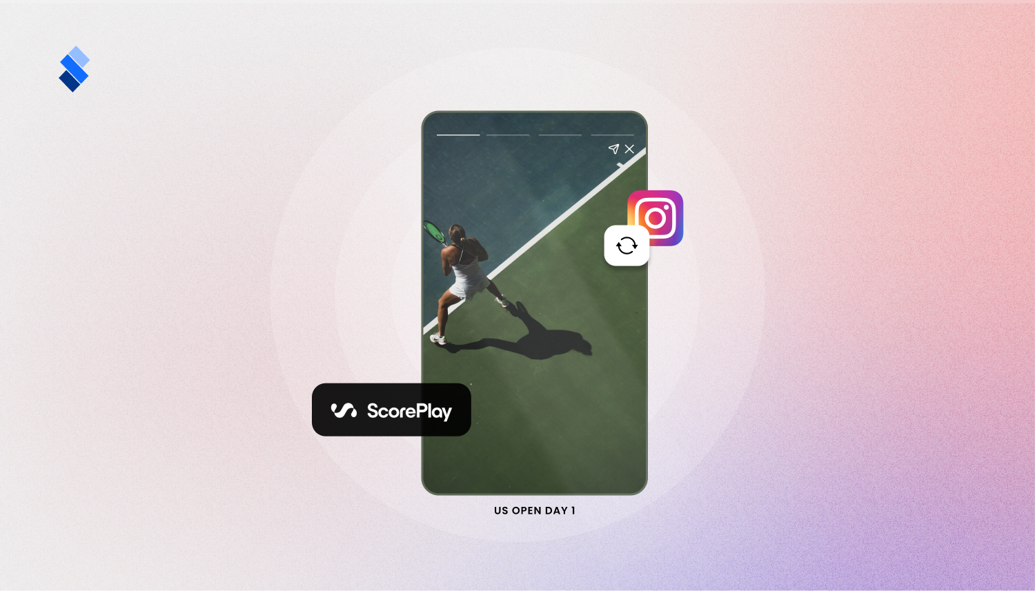 Vertical Story visual showing US Open tennis content with Instagram republishing and ScorePlay branding.