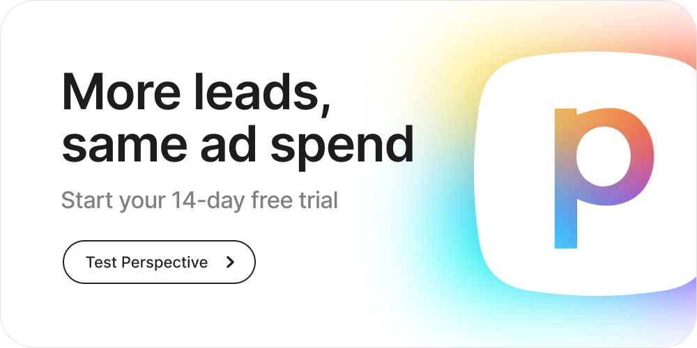 CTA banner: More leads, same ad spend. Start your 14-day free trial. Button: Test Perspective.
