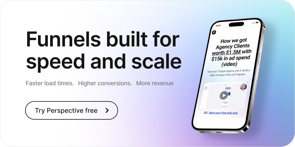 CTA banner with text: ‘Funnels that launch fast — and convert faster.’ Button reads ‘Test Perspective.’