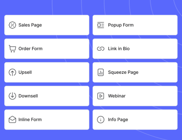 Systeme.io funnel templates: Sales Page, Order Form, Upsell, Downsell, Popup/Inline Forms, Link in Bio, Squeeze Page, Webinar, Info Page