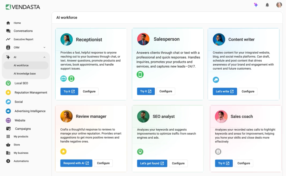 Vendasta dashboard: AI workforce with role cards for Receptionist, Salesperson, Content writer, Review manager, SEO analyst, and Sales coach.