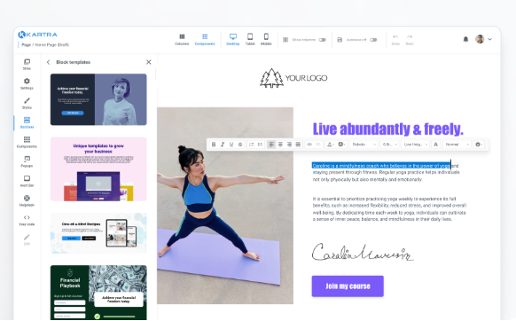 Kartra page builder: drag-and-drop landing page editor with block-templates sidebar, canvas, toolbar, and device preview controls.